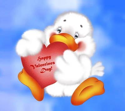 Feliz Día de San Valentín de un pato de dibujos animados alegre sosteniendo un corazón contra un cielo azul.