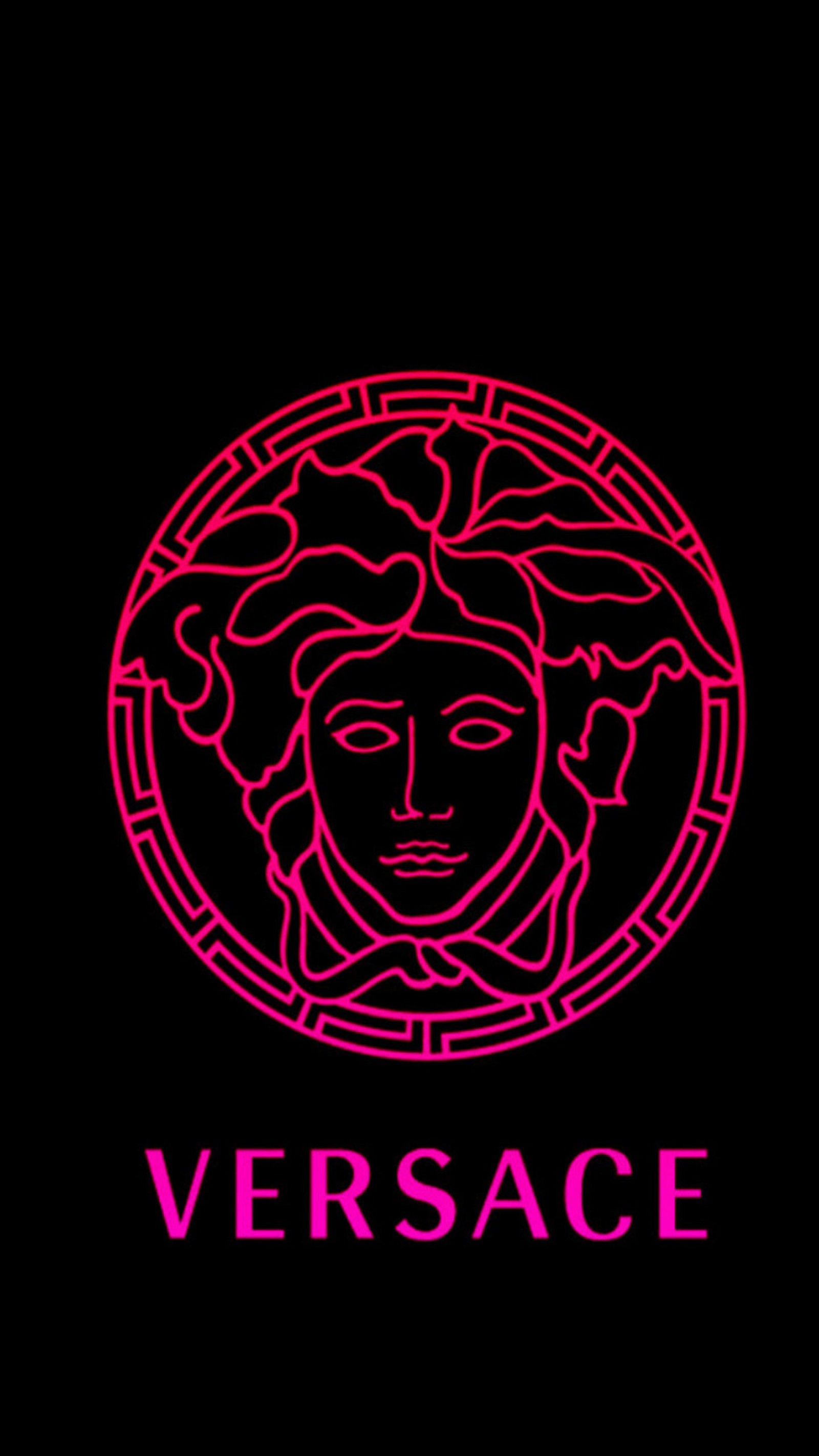 A black and pink logo with a woman's face in the middle (foba, versace)