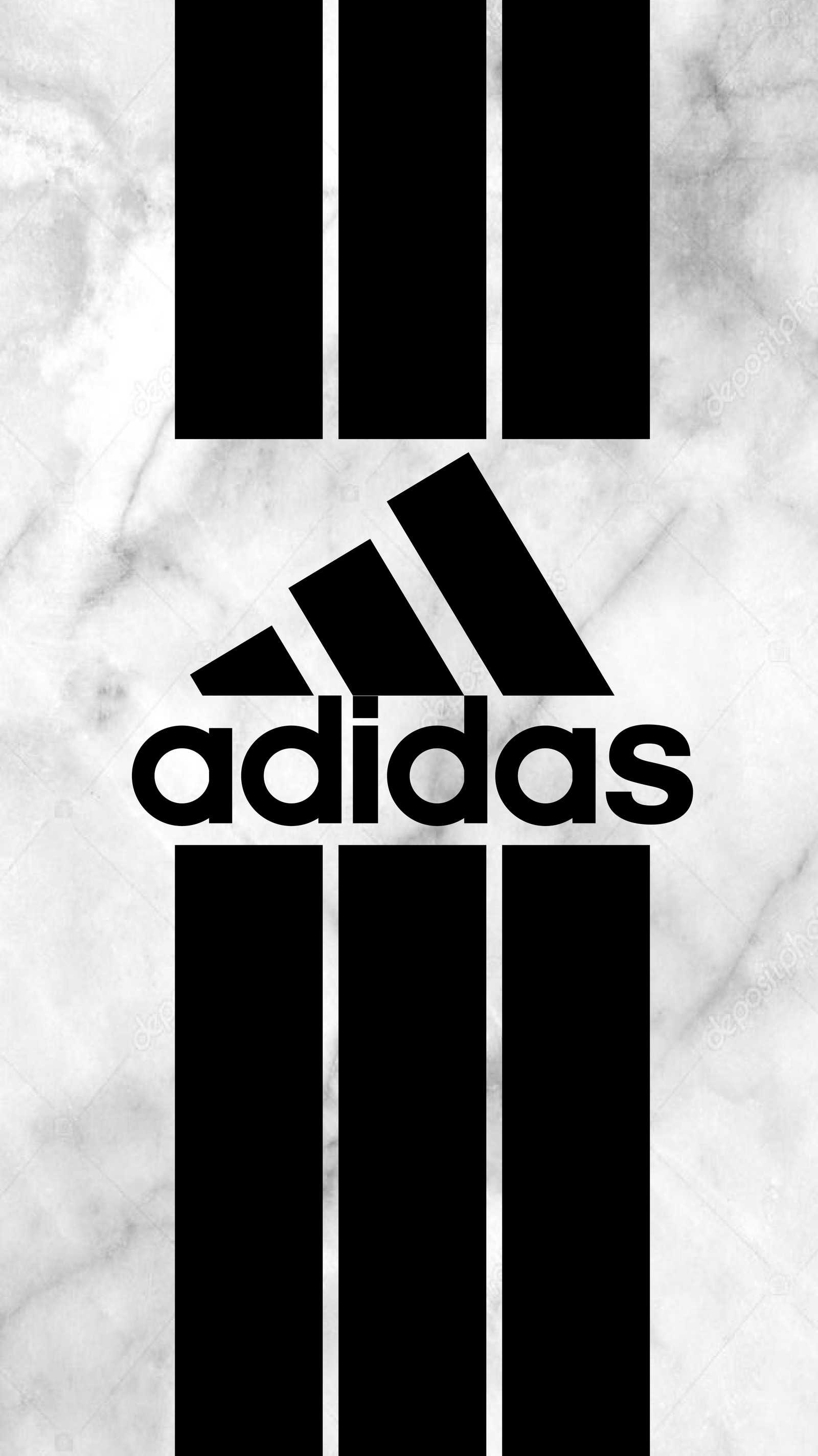 A close up of a black and white logo on a marble background (adidas, blanco, logo, marmol)