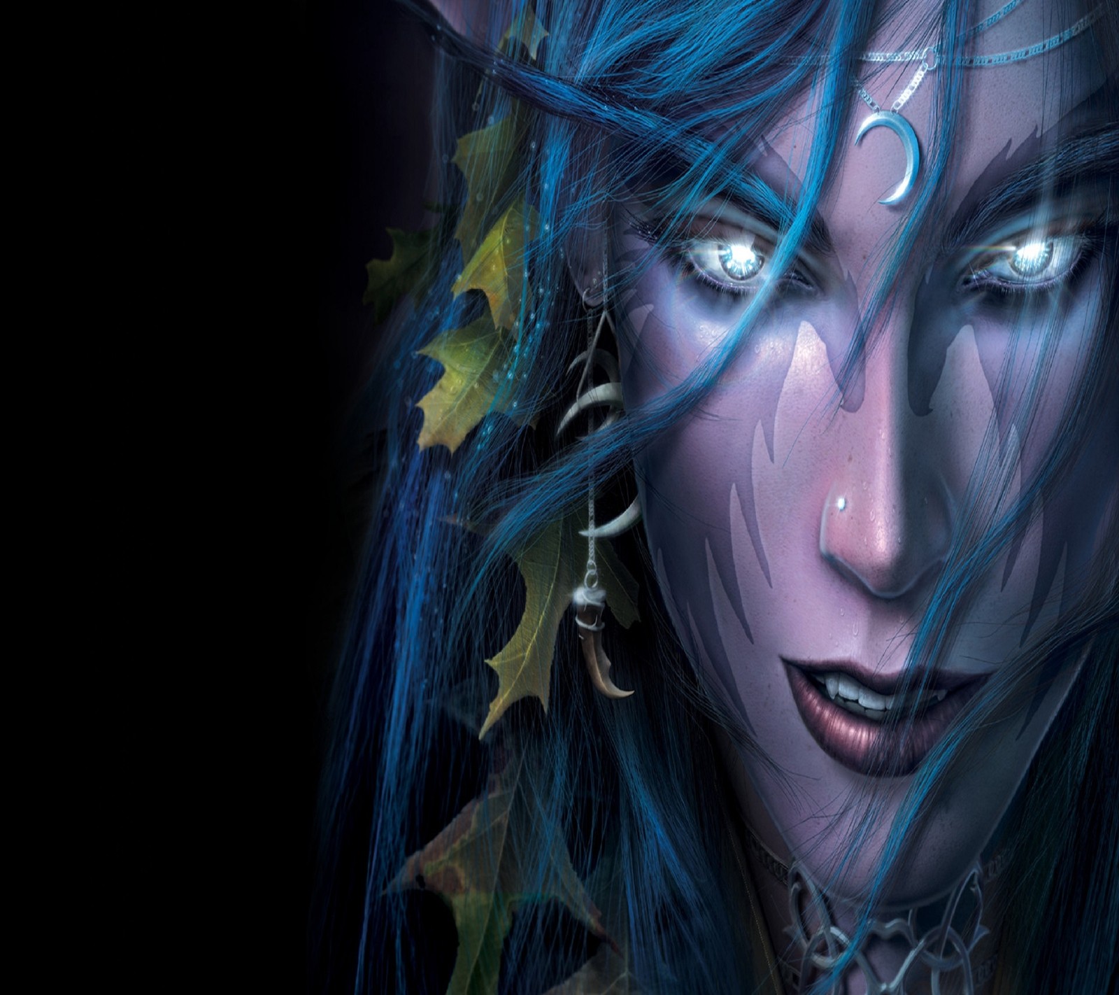 A close up of a woman with blue hair and a blue face (elf, game, night elf, world of warcraft)