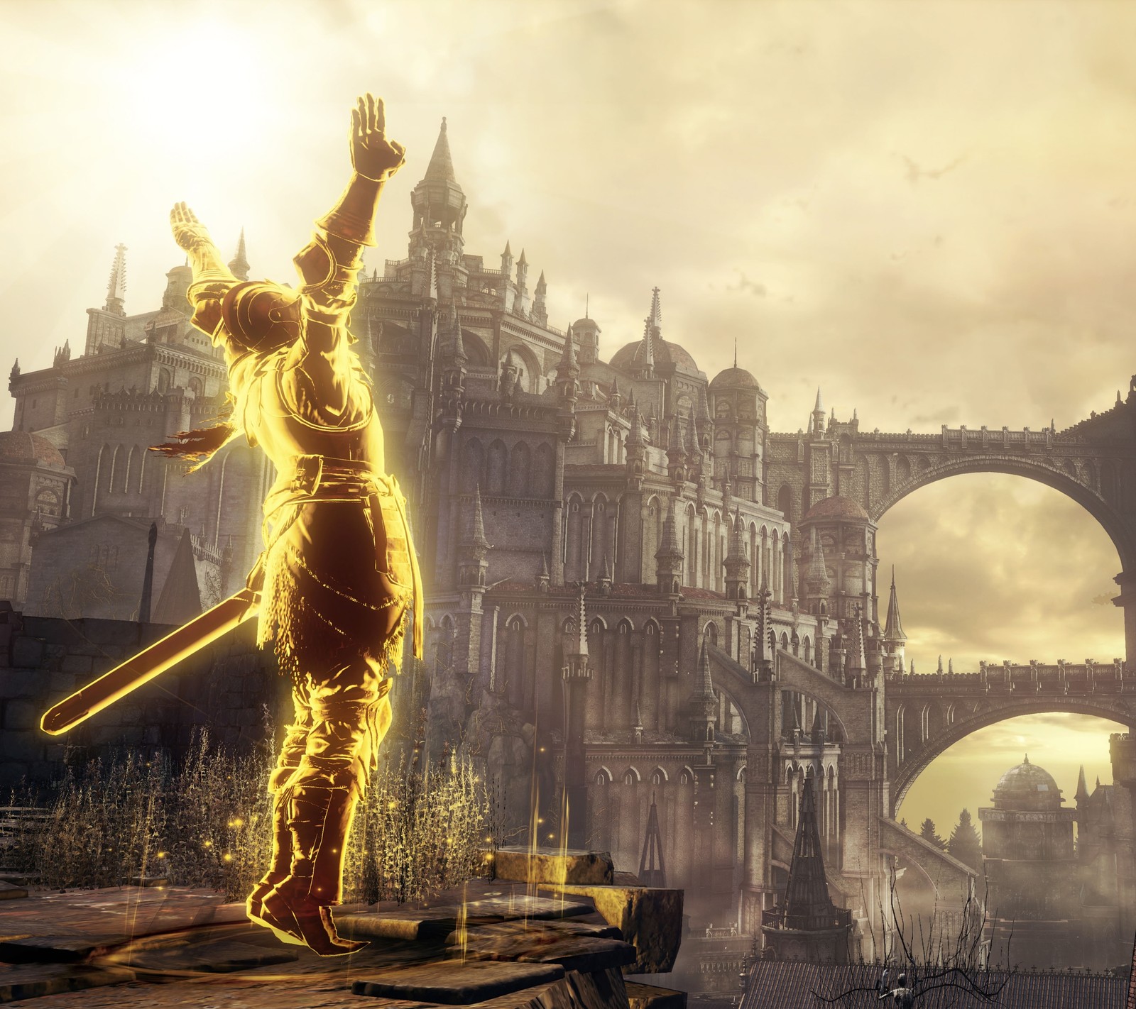 A man in a yellow outfit holding a sword standing on a ledge (castle, dark souls 3, video game)