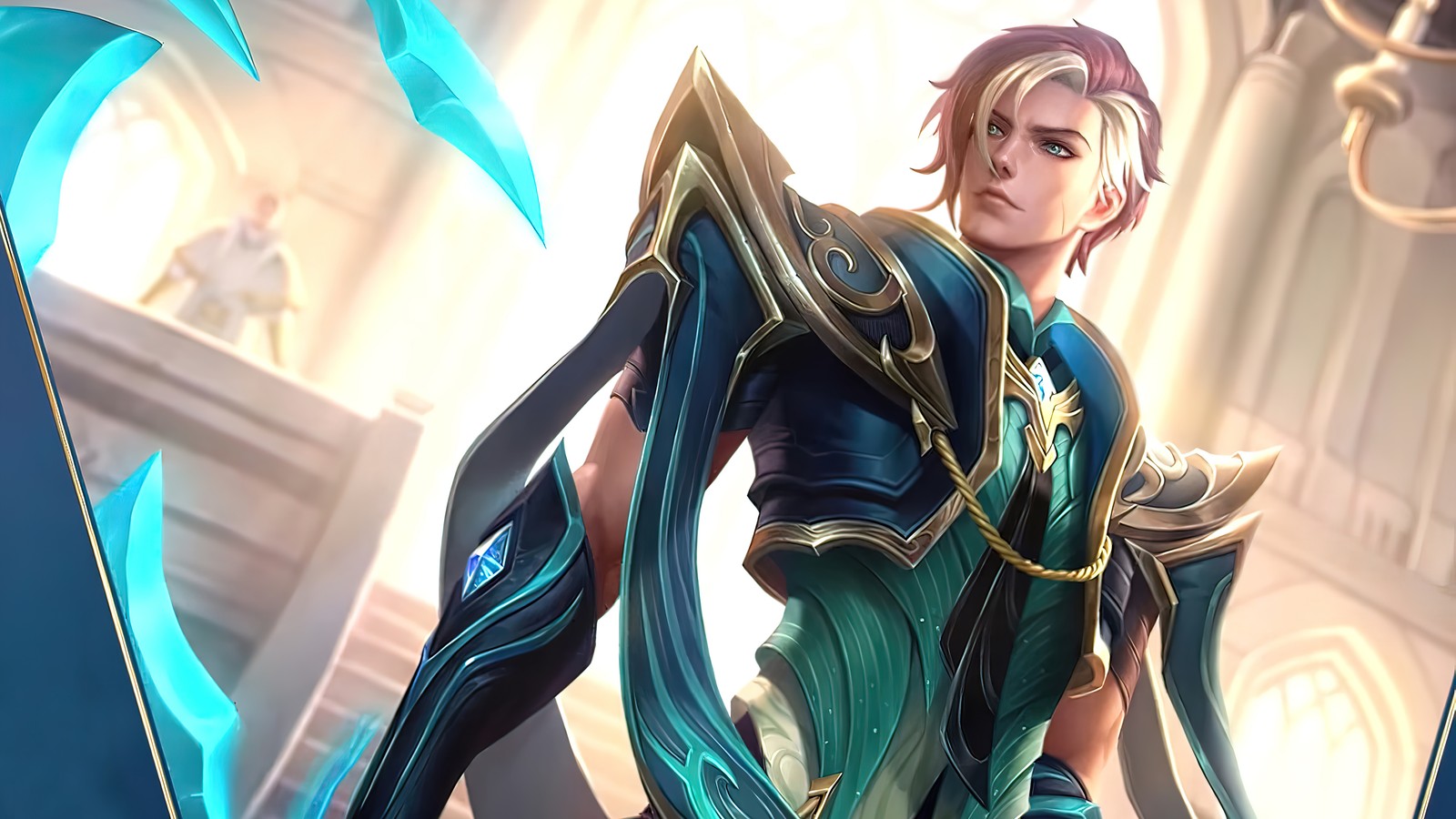 Gros plan d'une femme en tenue bleue et verte tenant une épée (aamon, nights edge, peau, mobile legends, bang bang)