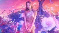 Aeri Uchinaga of aespa stands gracefully in a vibrant, surreal garden filled with colorful flora and whimsical lights, embodying the enchanting essence of K-pop.