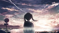 Serene Anime Girl Admiring a Colorful Sunset Sky Over Water