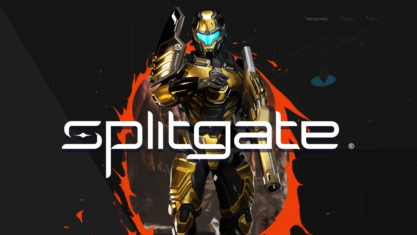 Мужчина в костюме стоит на черном фоне с надписью splitgate (сплитгейт, splitgate, видеоигра)