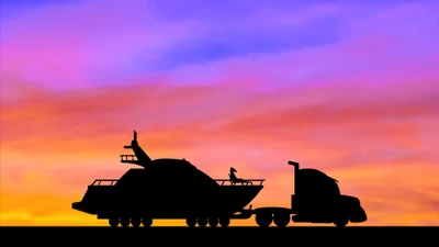 Silhouette of a truck towing a boat against a vibrant sunset, inspired by BoJack Horseman.