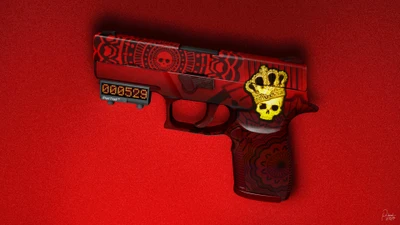 Revólver rojo estilizado con diseño de calavera y corona