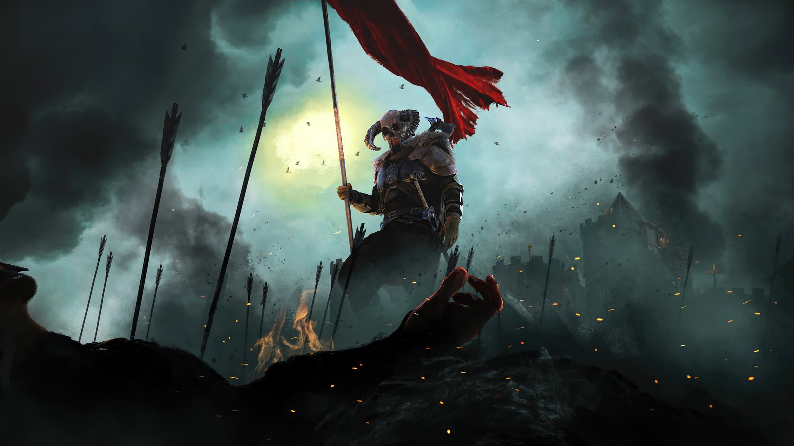 A man holding a flag standing on top of a mountain (fantasy, warrior)