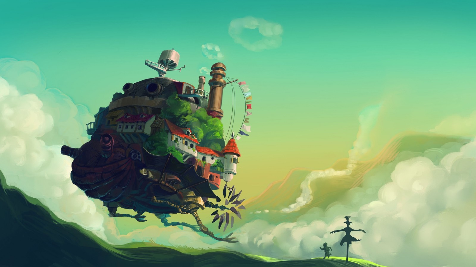 A painting of a castle flying in the sky with a man standing on a hill (anime, ghibli museum, world, natural landscape, cloud)