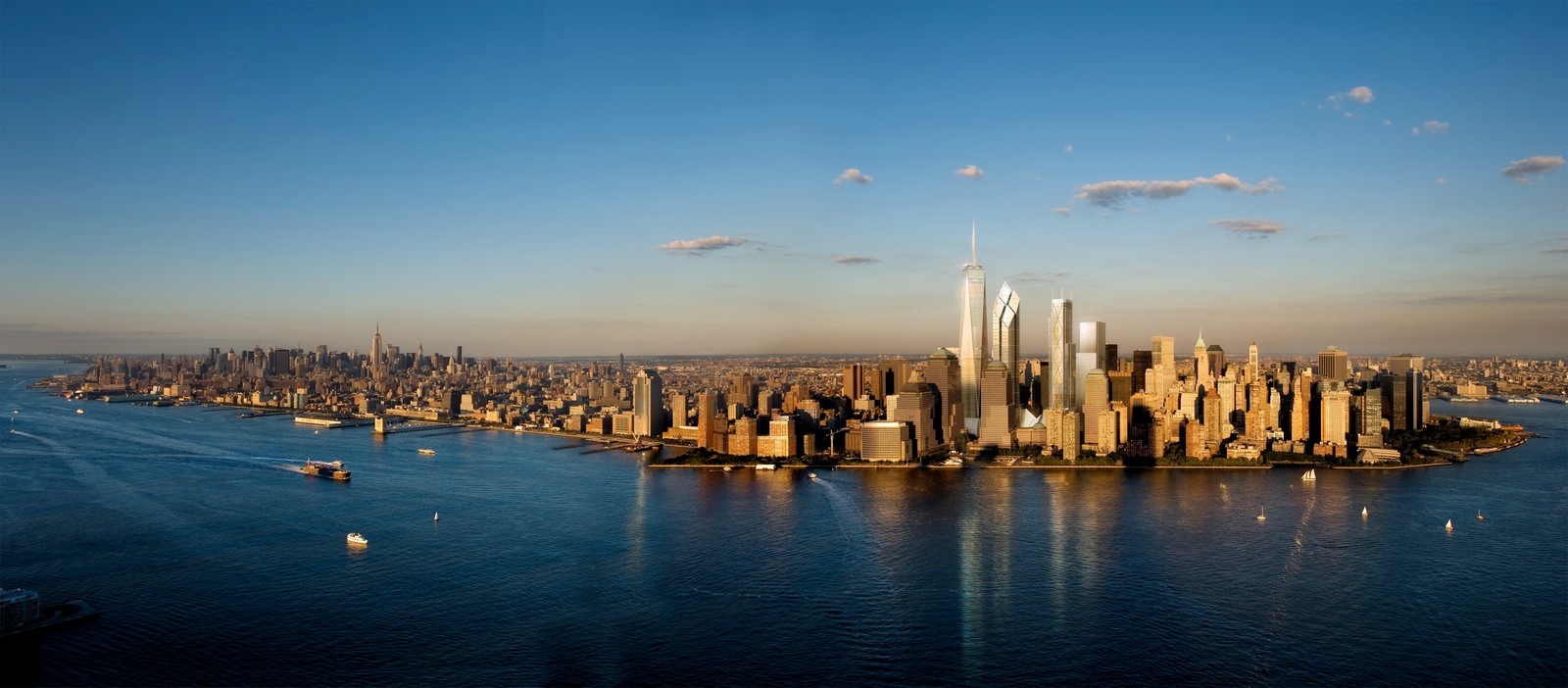 Vista aérea de una ciudad con muchos edificios altos (one world trade center, rascacielos, agua, panorama, ciudad)