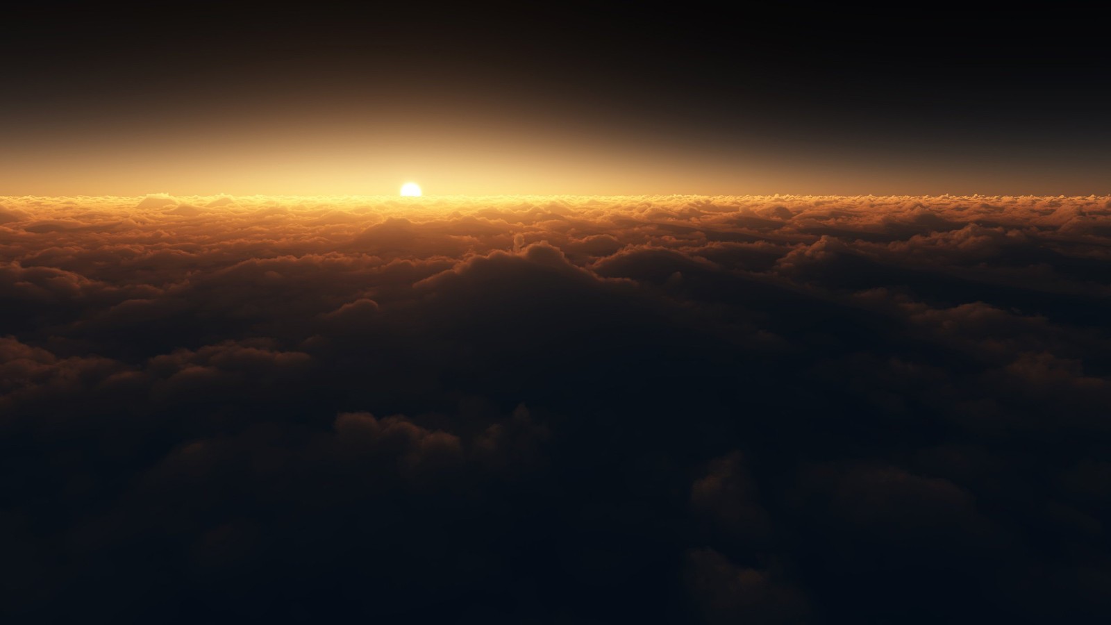 A view of the sun rising over the clouds from an airplane (atmosphere, horizon, cloud, daytime, sunset)