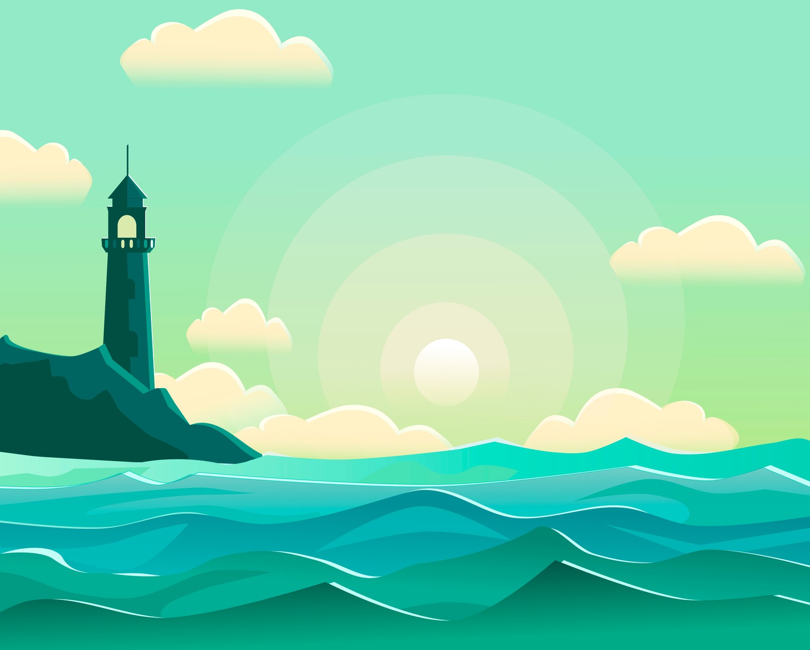 Um farol de desenho animado em um penhasco com vista para o oceano ao pôr do sol (água, verde, torre, paisagem natural, ilustração)