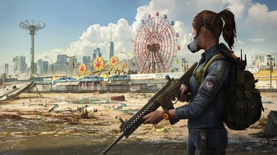 Weiblicher Agent in Tom Clancys "The Division 2", der eine post-apokalyptische städtische Landschaft erkundet.