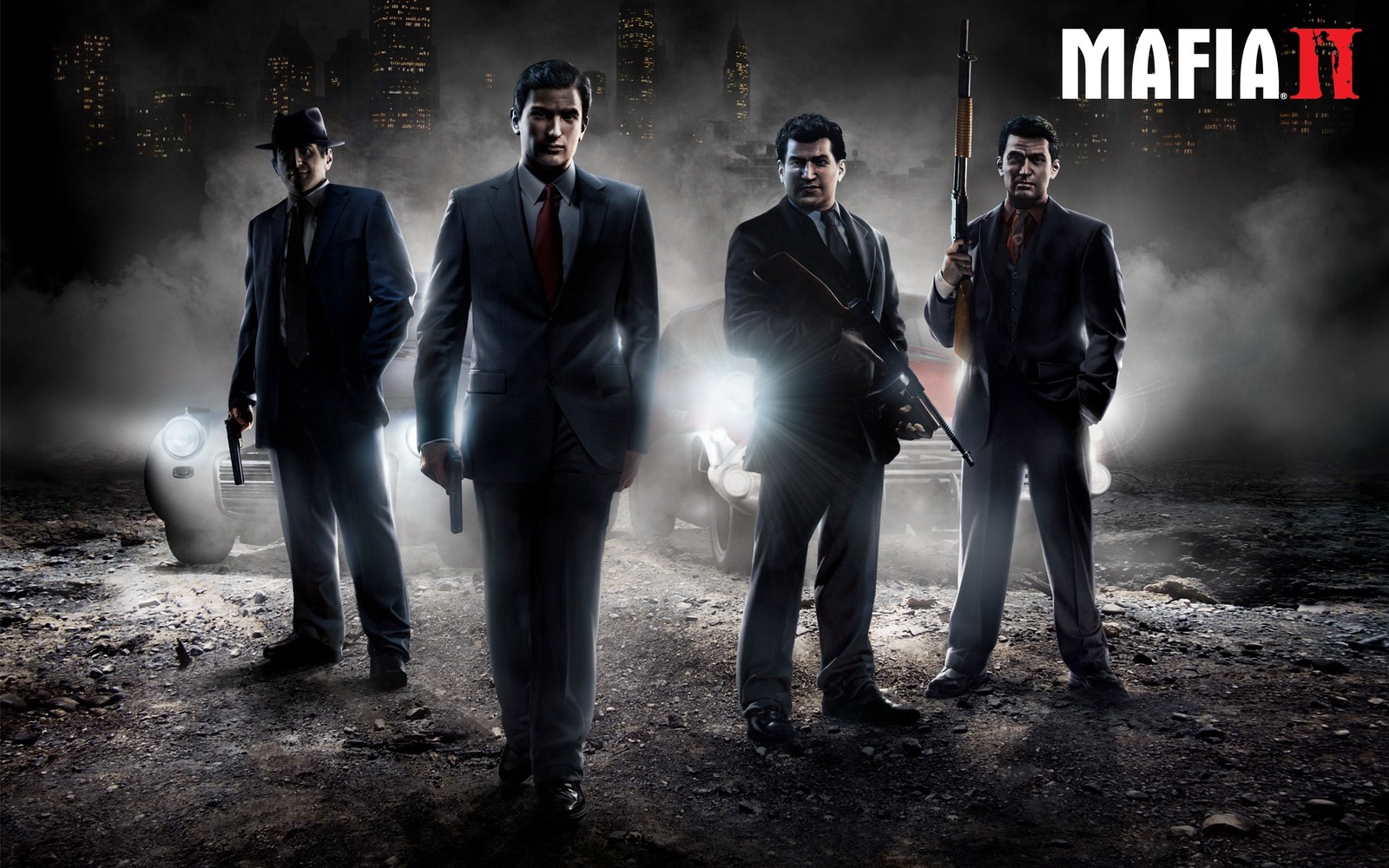 Un grupo de hombres en trajes y corbatas de pie en una ciudad oscura (mafia ii, mafia, pc game, humo, empire bay)