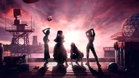 Silhouettes of Four Characters Against a Dramatic Sunset in a Battleground Setting