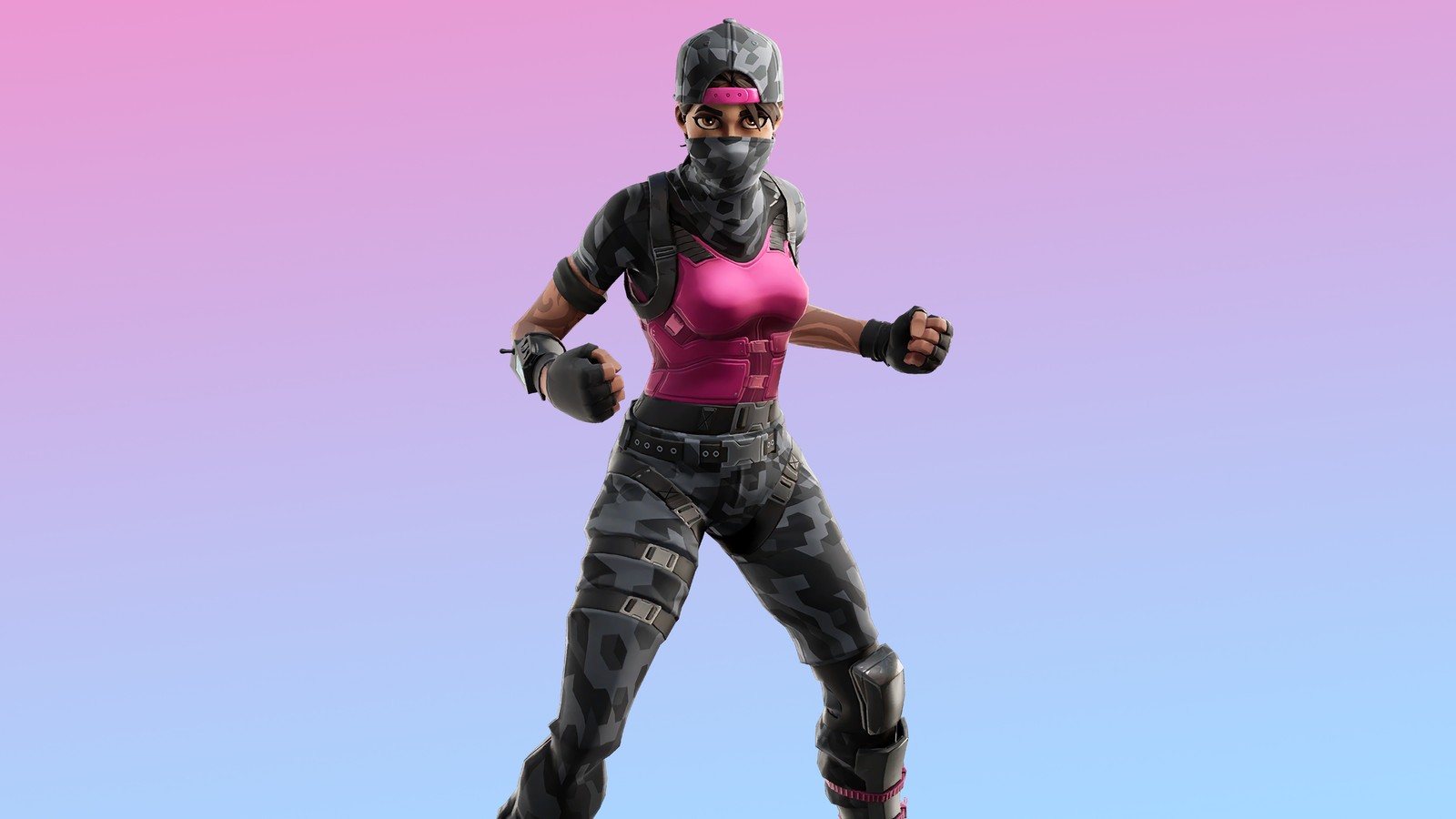 A close up of a person in a pink shirt and black pants (recon ranger, fortnite, video game, fortnite battle royale, skin)