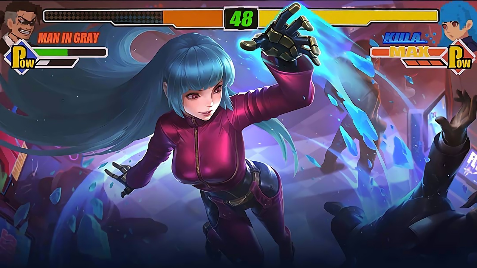 Un primer plano de una persona sosteniendo una espada en un juego (aurora, kula diamond, kof, king of fighters, mobile legends)