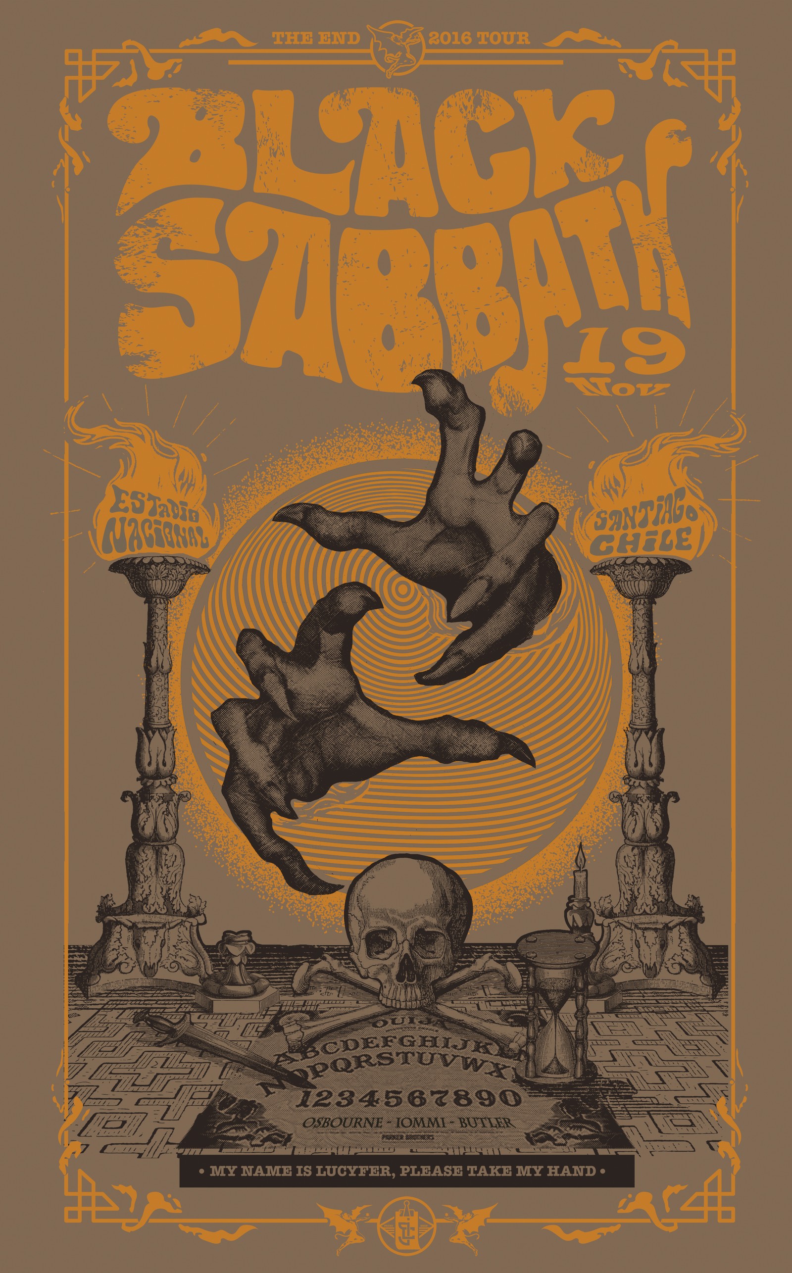 Un primer plano de un cartel con un cráneo y una mano humana (heavy metal, arte, conjunto musical, black sabbath, ilustración)