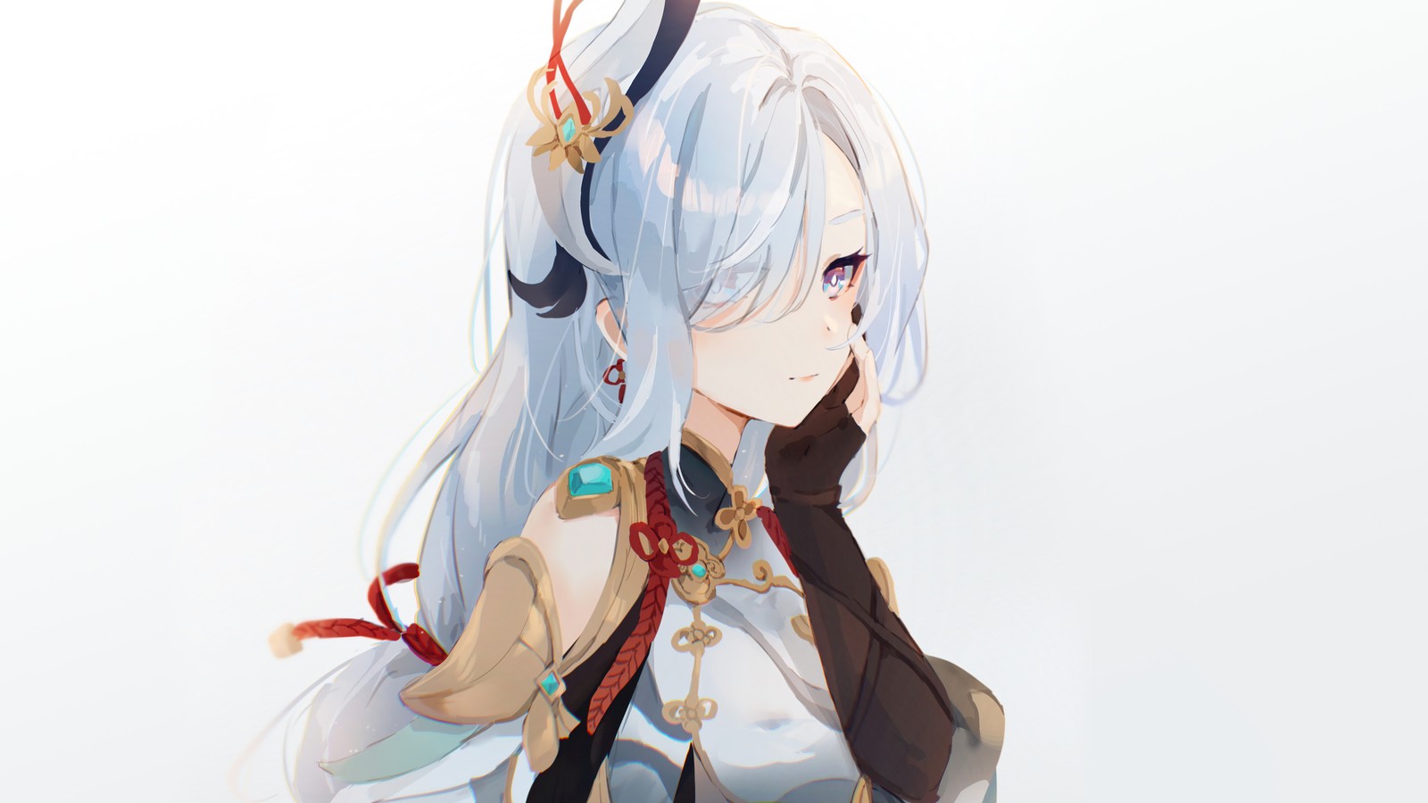 Anime, a woman with long white hair and a blue dress (shenhe, genshin impact, art, video game)