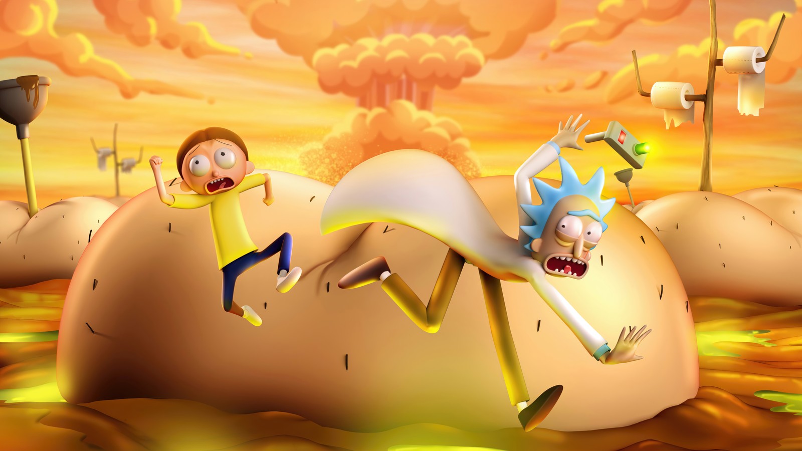 Cartoon characters are in a desert with a huge rock (rick and morty, tv series, cartoon, rick sanchez, morty smith)