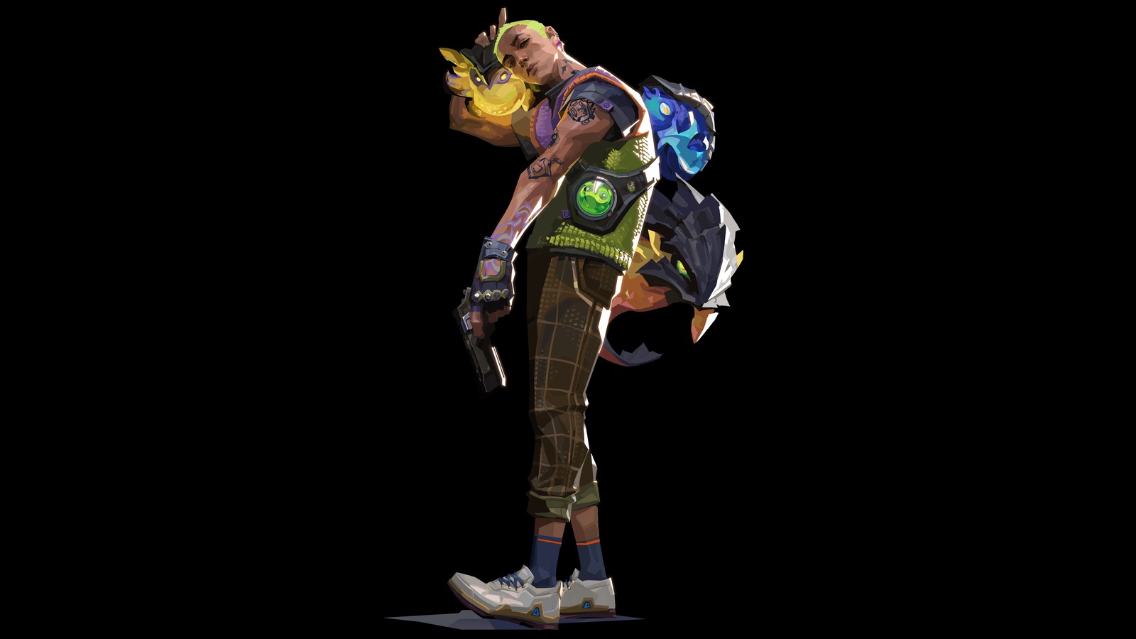 A woman with a backpack and a backpack standing in the dark (gekko, pets, valorant, video game, illustration)