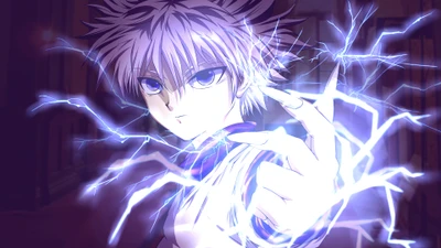 Killua Zoldyck libère son pouvoir électrique, incarnant la force et la détermination de "Hunter x Hunter".