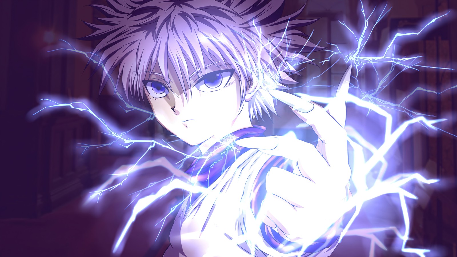 Anime character with lightning in hand and a purple background (killua zoldyck, hunter x hunter, anime)