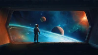 astronaut, digital art, planets, spaceship, space exploration wallpaper