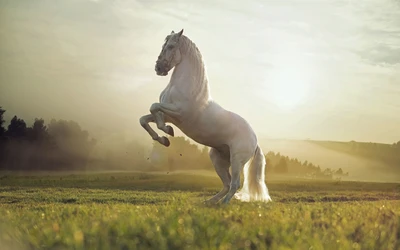 Majestueux étalon blanc se cabrant sur une prairie ensoleillée, incarnant l'esprit du mustang sauvage.