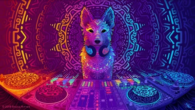 DJ Dog abstrait dans un art numérique vibrant