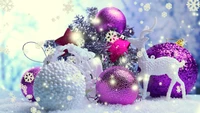 Vibrant Purple Christmas Ornaments and Decorations Amidst a Winter Wonderland