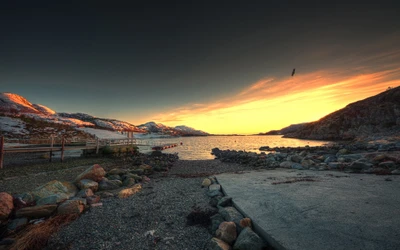 sunset, cloud, water, mountain, afterglow