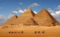 Camels Journeying Past the Great Pyramids of Giza: A Landmark of Ancient History