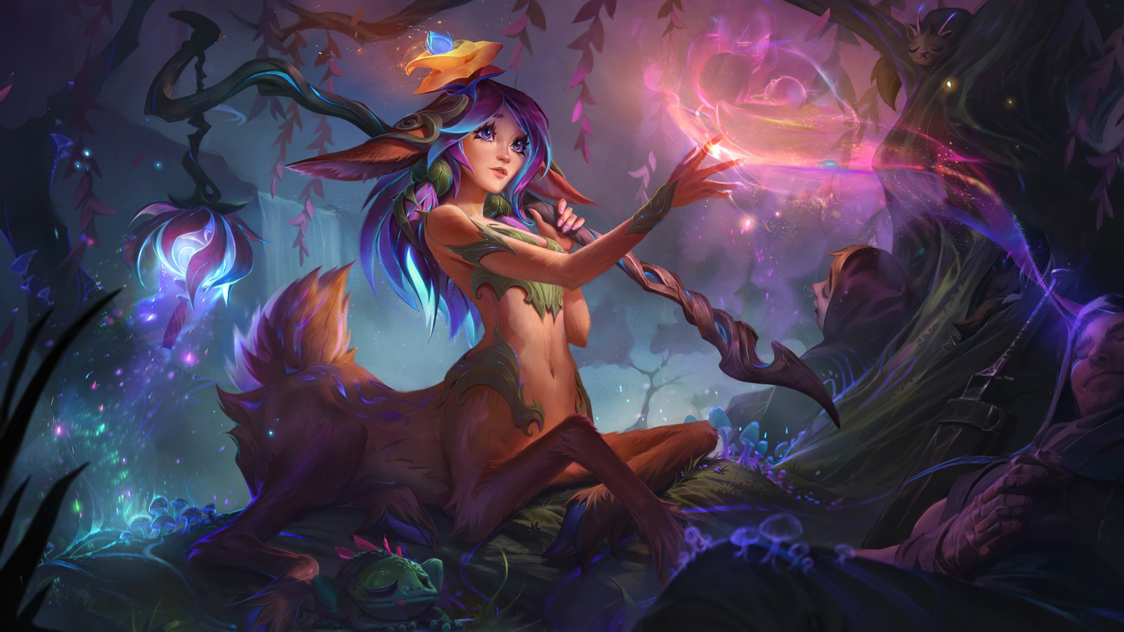 Une femme dans une forêt avec un orbe lumineux (lillia, lol, league of legends, jeu vidéo, art visuel)