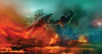 Epic showdown between Godzilla and Kong amidst a fiery urban landscape.