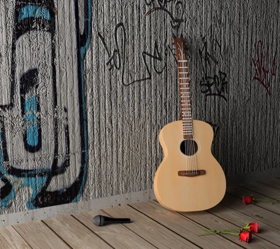 Guitare acoustique appuyée contre un mur couvert de graffitis avec un microphone et des pétales éparpillés sur le sol.