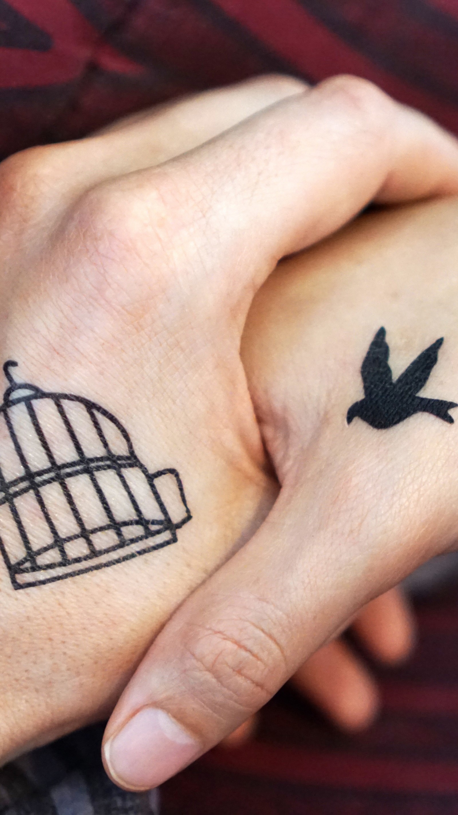 Quelqu'un a un tatouage sur la main avec un oiseau et une cage (oiseaux, couple, mains, tatouages)