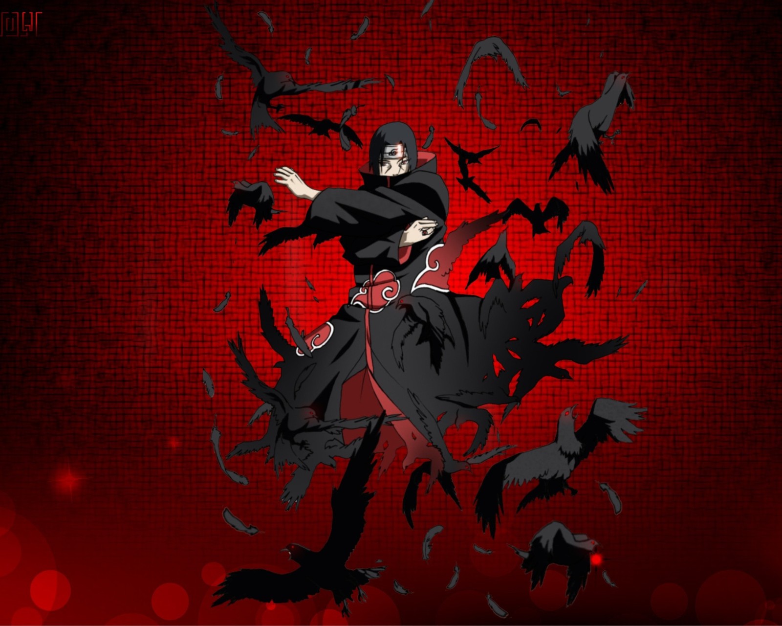 Человек в черной мантии на красном фоне (аниме, anime, hd, itachi, naruto)