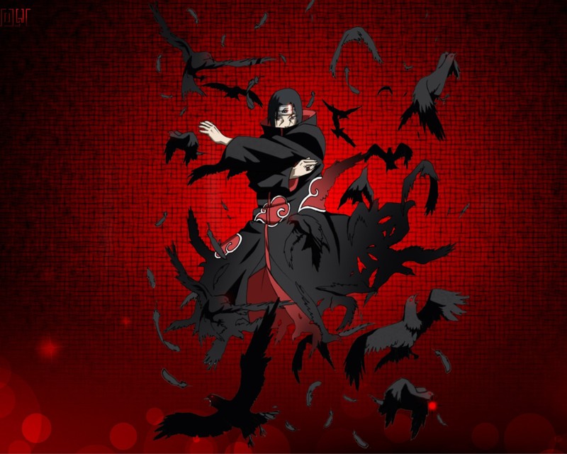 Человек в черной мантии на красном фоне (аниме, anime, hd, itachi, naruto)