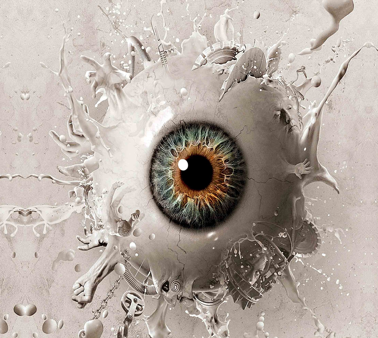 There is a close up of a very large eye with water splashes (eye, white)