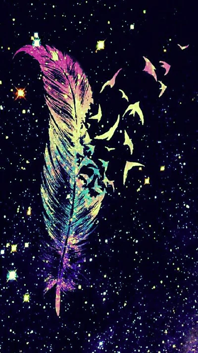 birds, colorful, feather, galaxy, stars