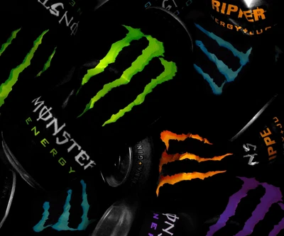 Latas de Monster Energy vibrantes em cores neon