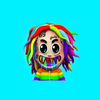 Colorful cartoon character with vibrant rainbow hair, exaggerated facial features, and playful tattoos, embodying a unique and bold style.