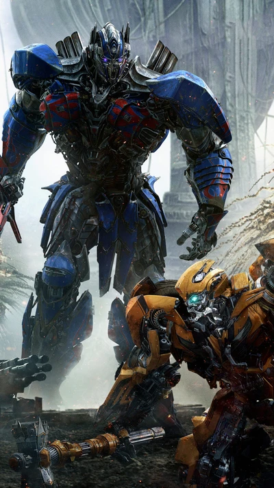 Optimus Prime e Bumblebee em um confronto pronto para a batalha