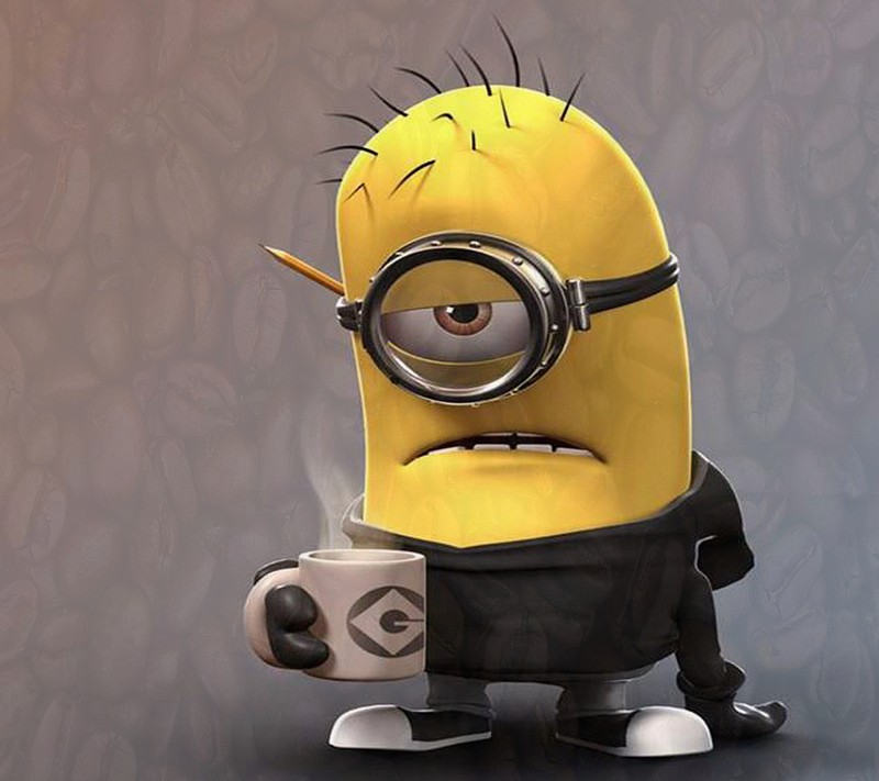 Персонаж мультфильма - миньон с чашкой кофе (кофе, coffee minion, minion, миньоны, minions)