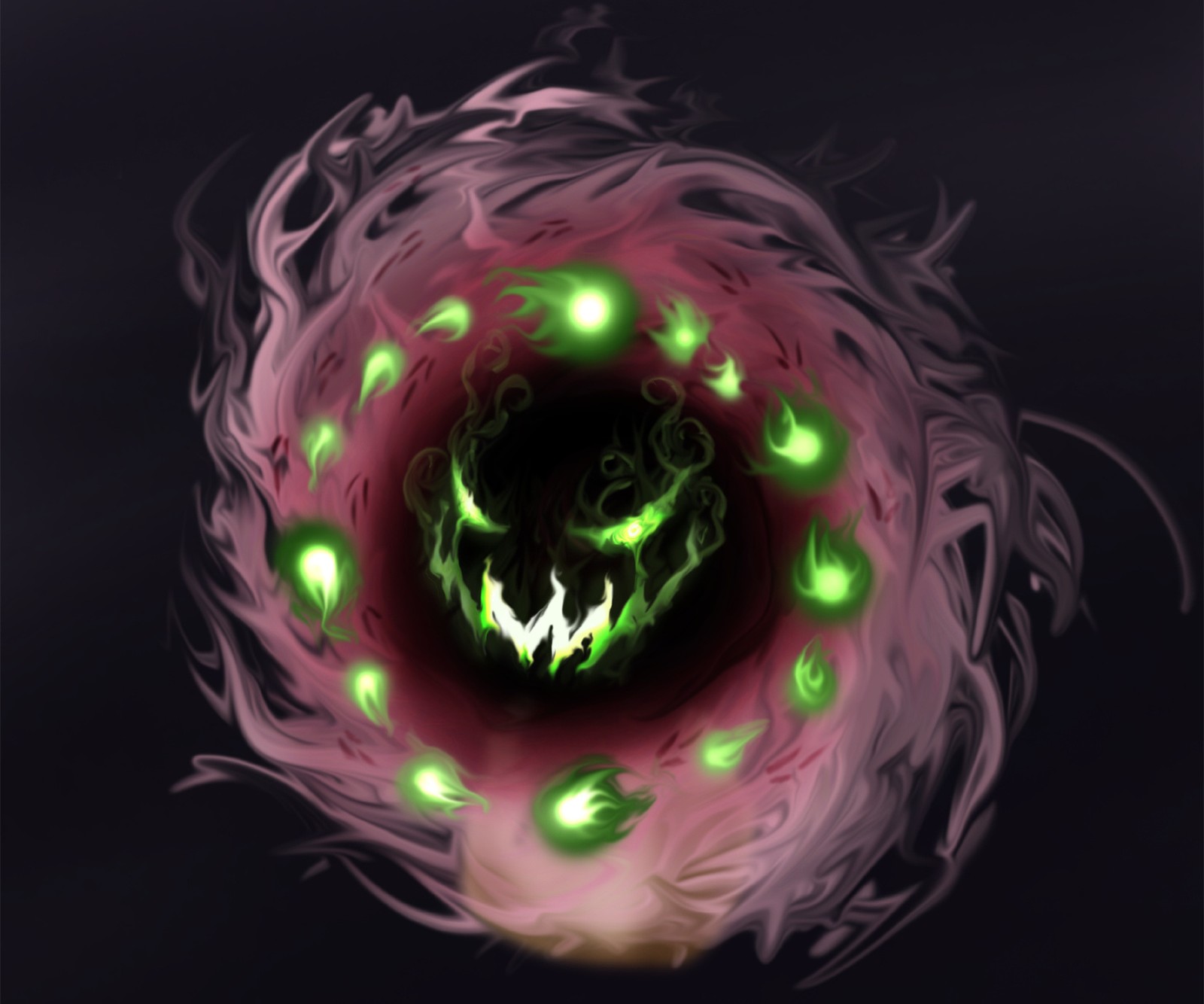 A close up of a green and black alien face with glowing eyes (pokemon, spiritomb)