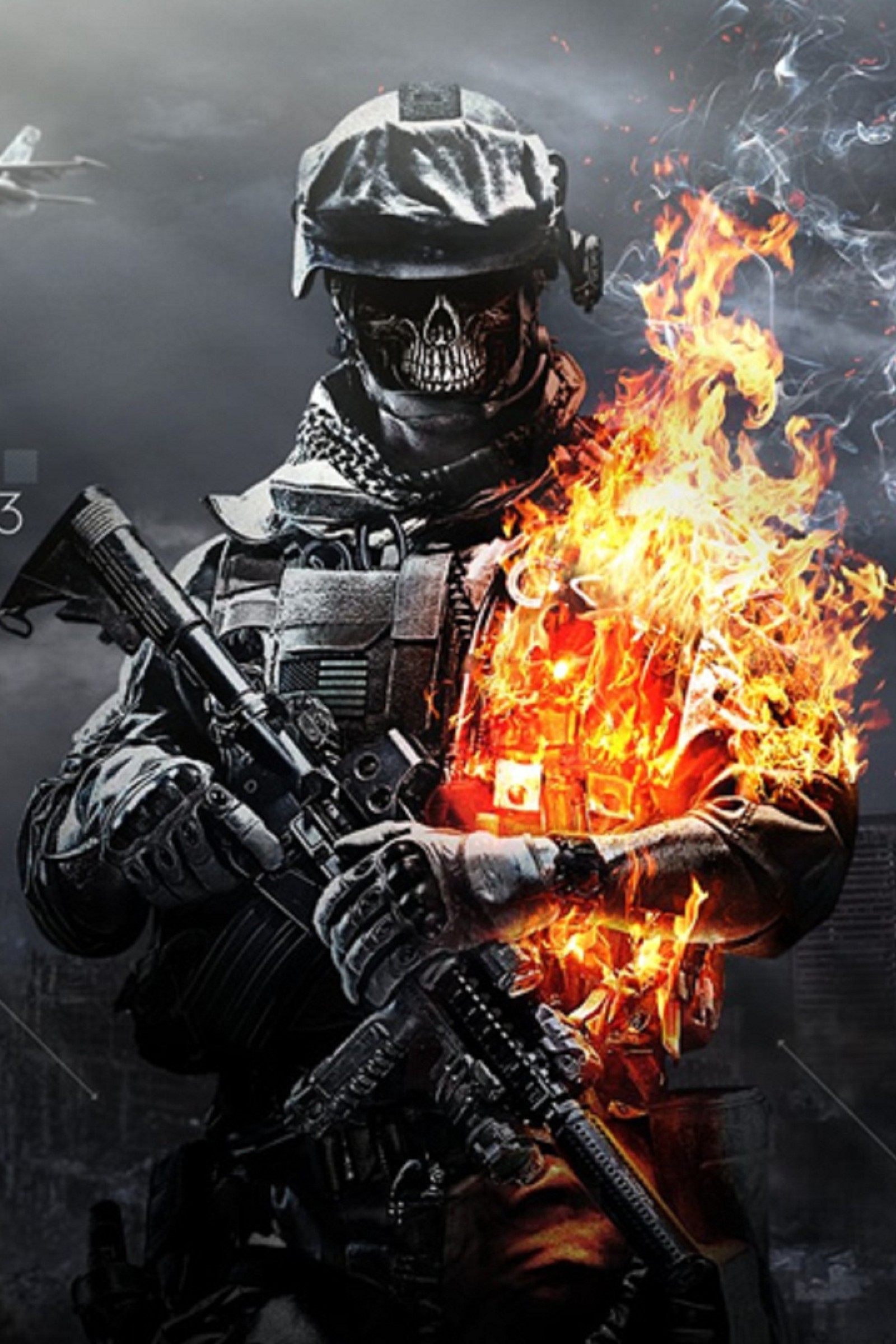 A man in a gas mask holding a gun and fire (v4, z4)