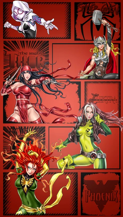 Dynamic Marvel Heroines: Elektra, Thor, Phoenix, Rogue, and Spider-Gwen