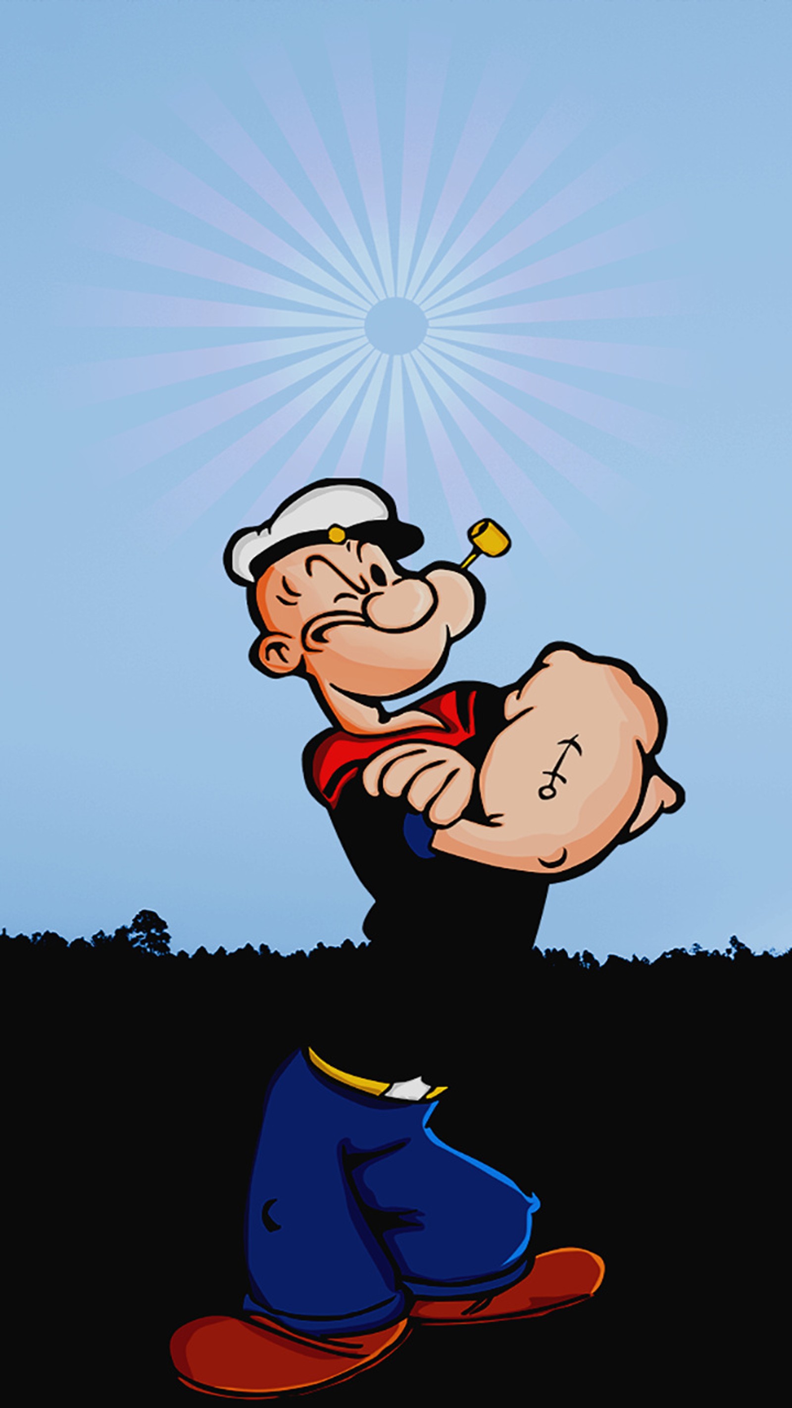 Cartoon of a man with a baseball bat and a baseball cap (popeye, popeye the sailor man, sailor)