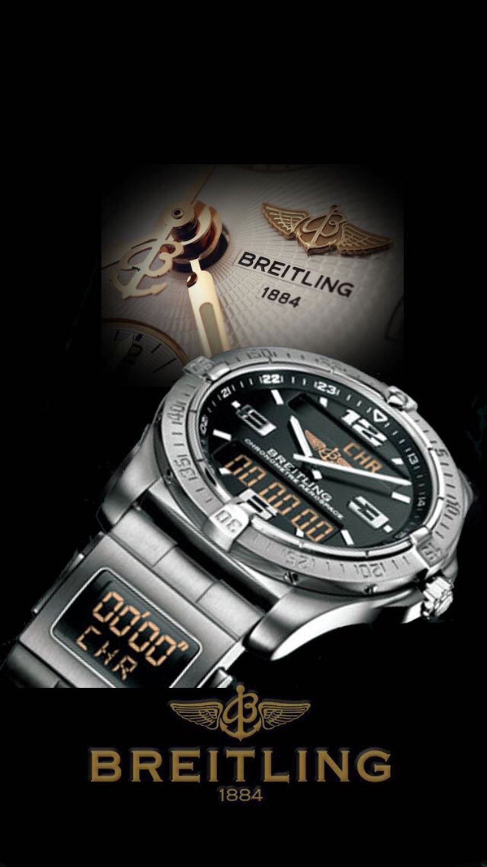 Um close de um relógio com fundo preto e um logotipo dourado (breitling, relógio)